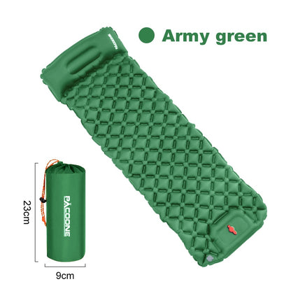 Green camping mattress with storage dimensions, providing ample space for comfortable outdoor sleeping. 