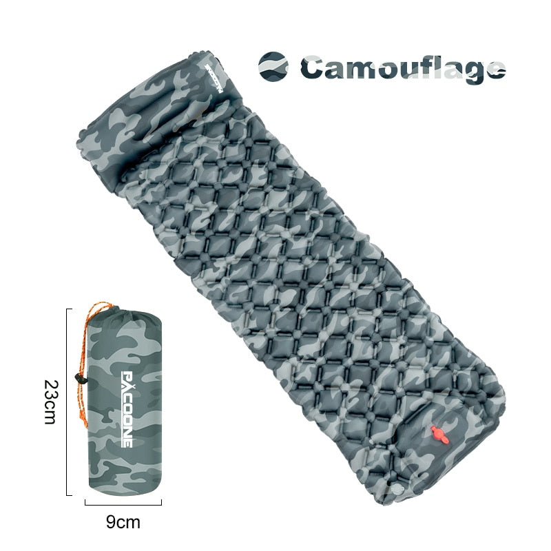 Camouflage camping mattress providing a stealthy and cushioned sleeping surface for outdoor enthusiasts.
