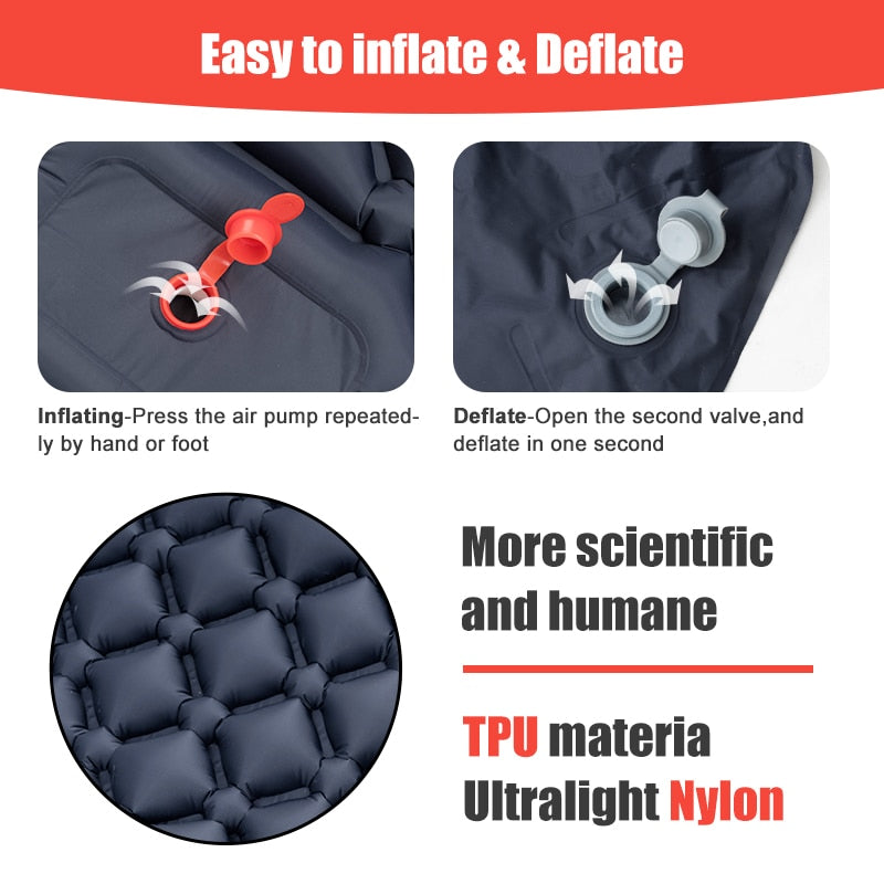 Image of a camping air mattress showcasing its inflatable and deflatable features. The mattress is shown being inflated using the built-in air pump by foot or hand and being deflated in seconds by opening the second valve for easy storage and portability.
