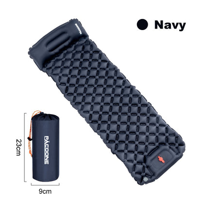 Rectangular navy camping mattress and compact storage bag offering generous space for a comfortable night's sleep during outdoor adventures.