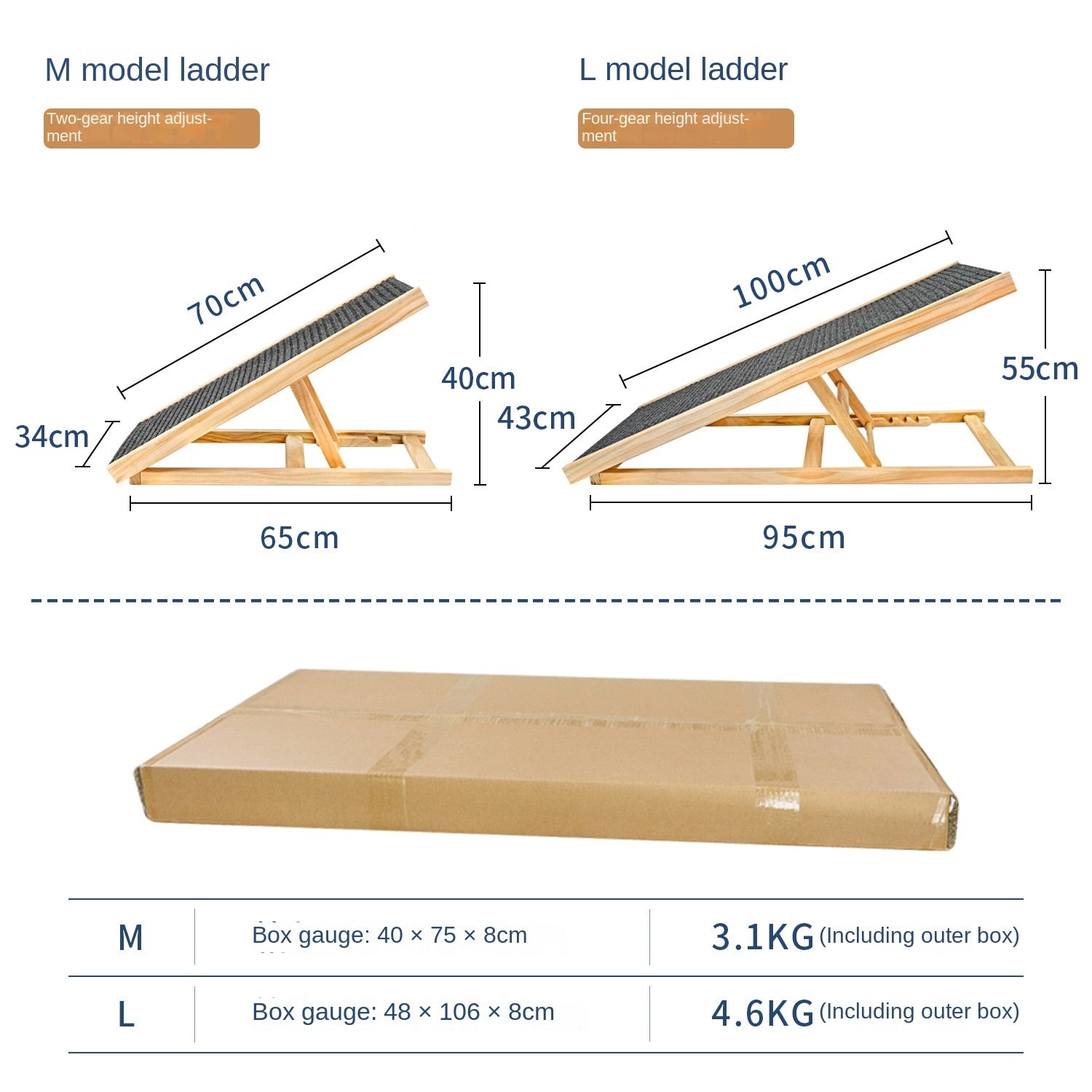 Specifications of our non-slip dog ramp: Dimensions, weight capacity, foldable design, textured surface for traction.