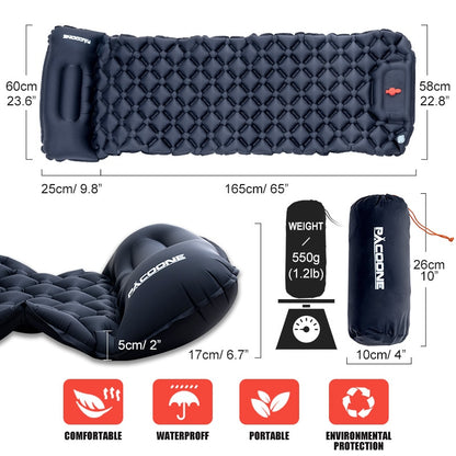 Image of a camping air mattress showcasing its waterproof design, portability features, comfortability, and commitment to environmental protection. The mattresses dimensions, weight of 1.2lbs and pillow height of 6.7 inches are all shown.