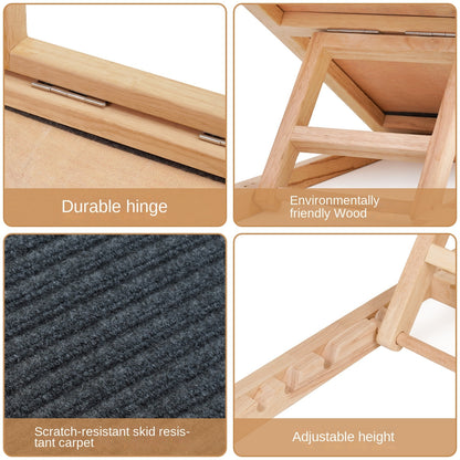 Specifications for out non-slip dog ramp: Durable hinge, environmentally friendly wood, scratch-resistant skid resistant carpet, adjustable height.