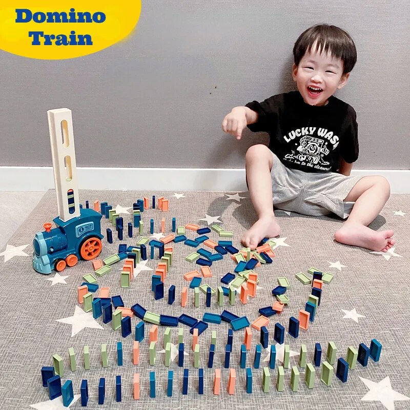 Kids Electric Domino Train Car Set With Sound & Light Automatic Laying Dominoes Blocks Game DIY Educational Toys For Children