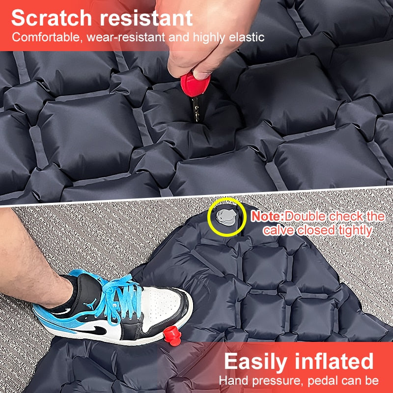 The mattress is shown being inflated using the built-in air pump by foot or hand. Also highlighting its scratch resistant, comfortable and highly elastic surface.