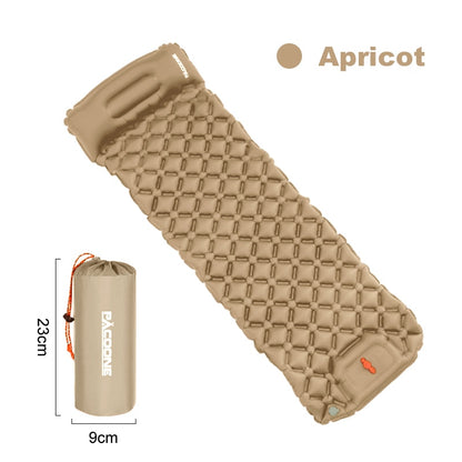 An inflatable camping mattress and compact storage with dimensions showcasing when the mattress is stored.