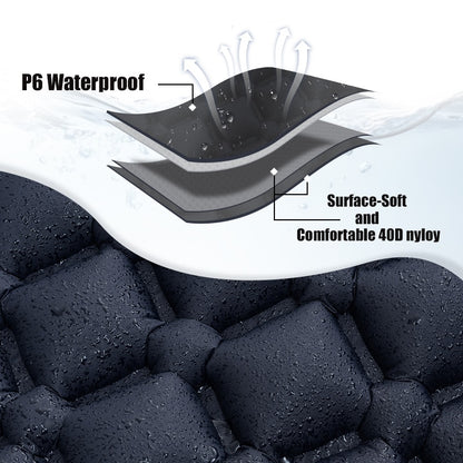 Photo of the camping air mattress with a waterproof and durable surface. The mattress shown is wet highlighting its resistance to moisture while providing a comfortable sleeping experience.