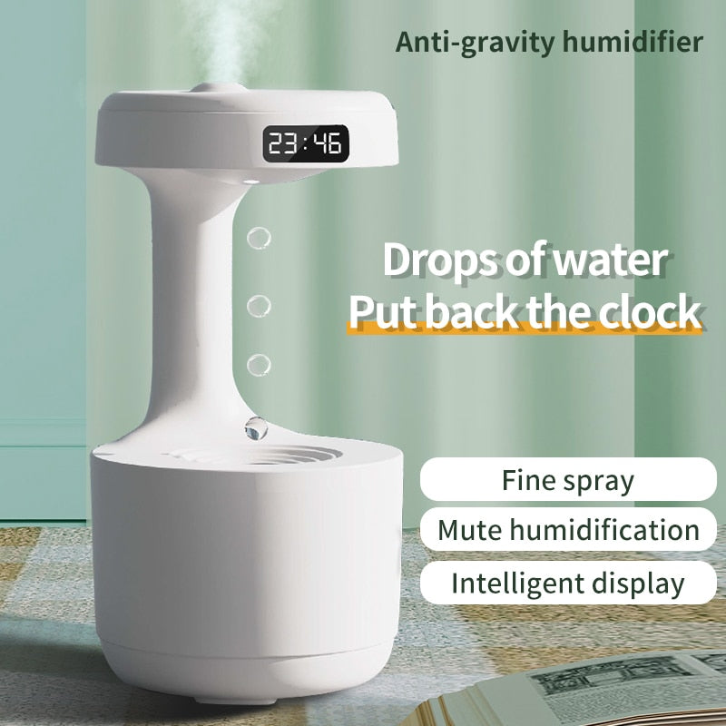 Smart antigravity humidifier with LED display and customizable clock settings. Color white.