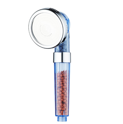 Blue transparent showerhead with sleek design, showcasing its modern aesthetics and water-flow features